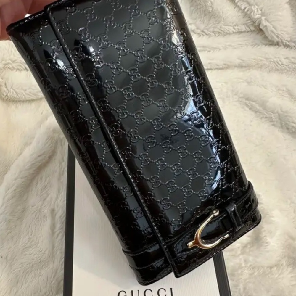 Gucci Micro Guccisima Black Patent Leather Horsebit Wallet
